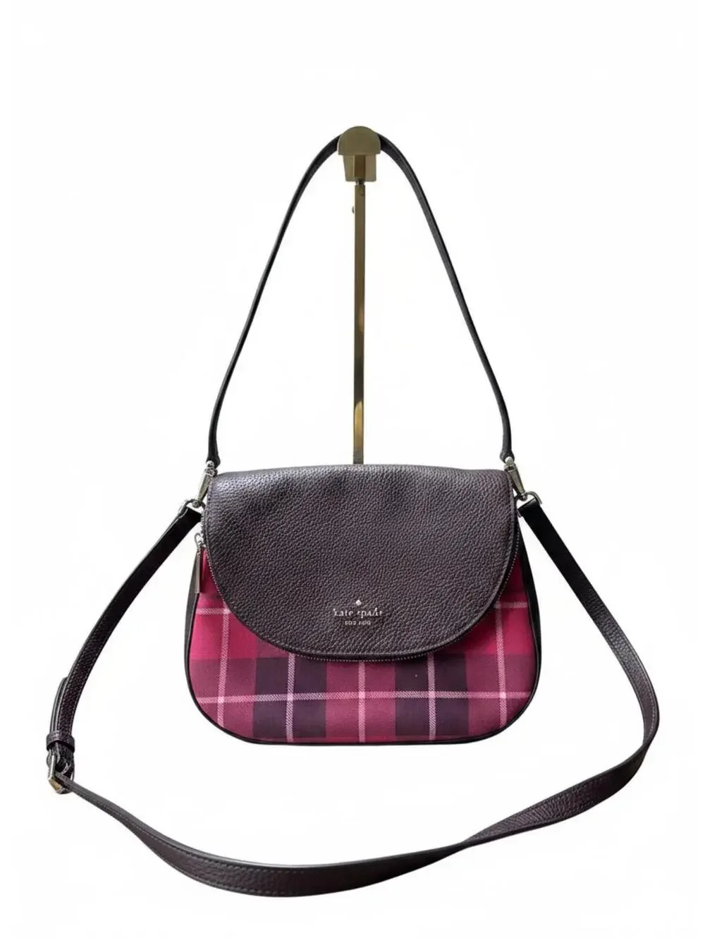 Kate Spade Crossbody Bag with Pink Plaid Pattern and Brown P